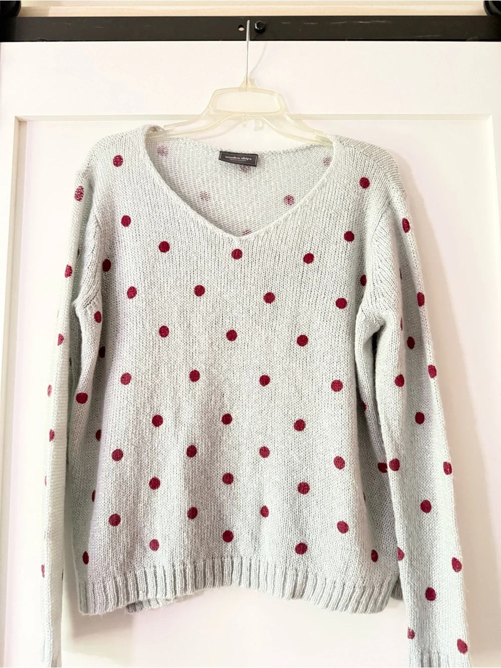 Wooden Ships Light Gray V-Neck Sweater with Red Polka Dots